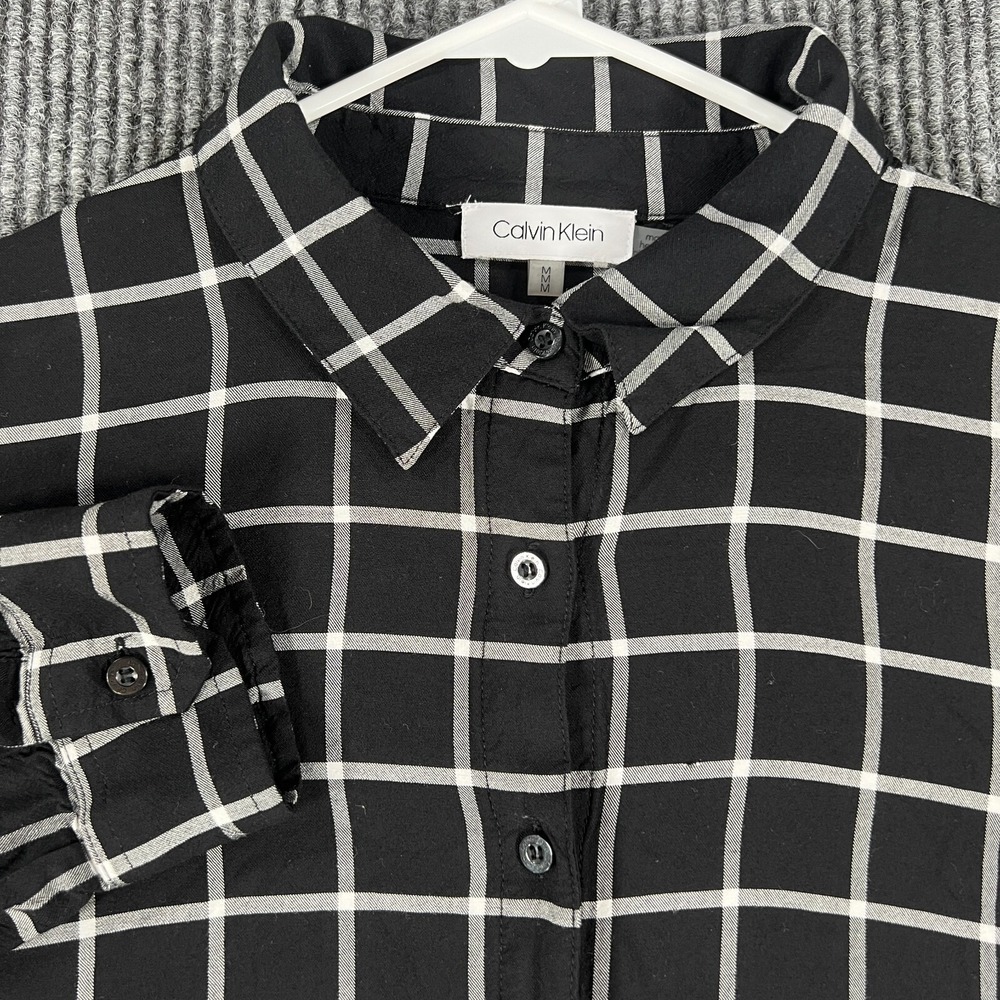 Calvin Klein Womens Size Medium Black Check Long Sleeve Button Up Shirt Viscose